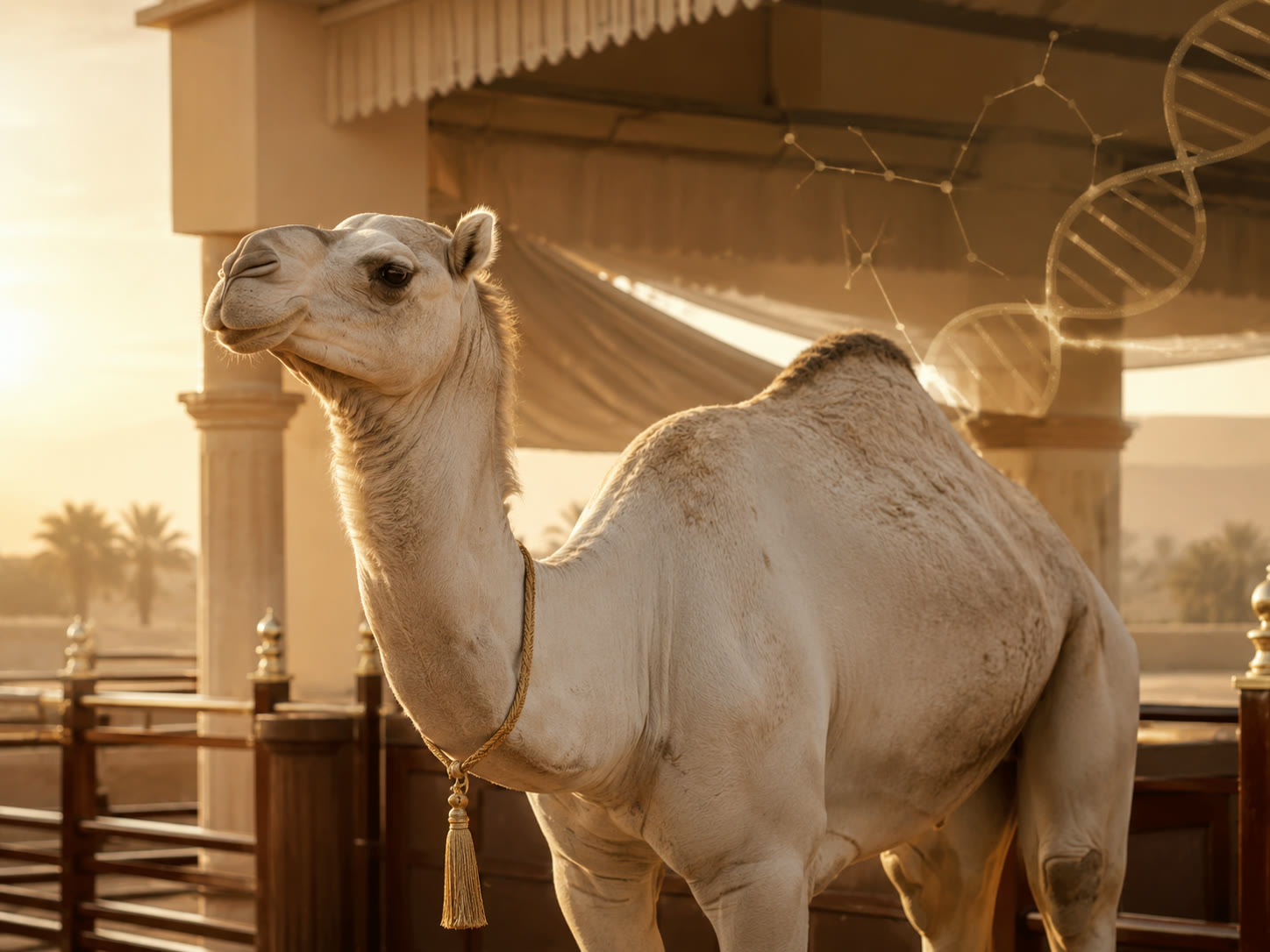 A pale dromedary camel standing in late golden light beneath a shaded canopy.