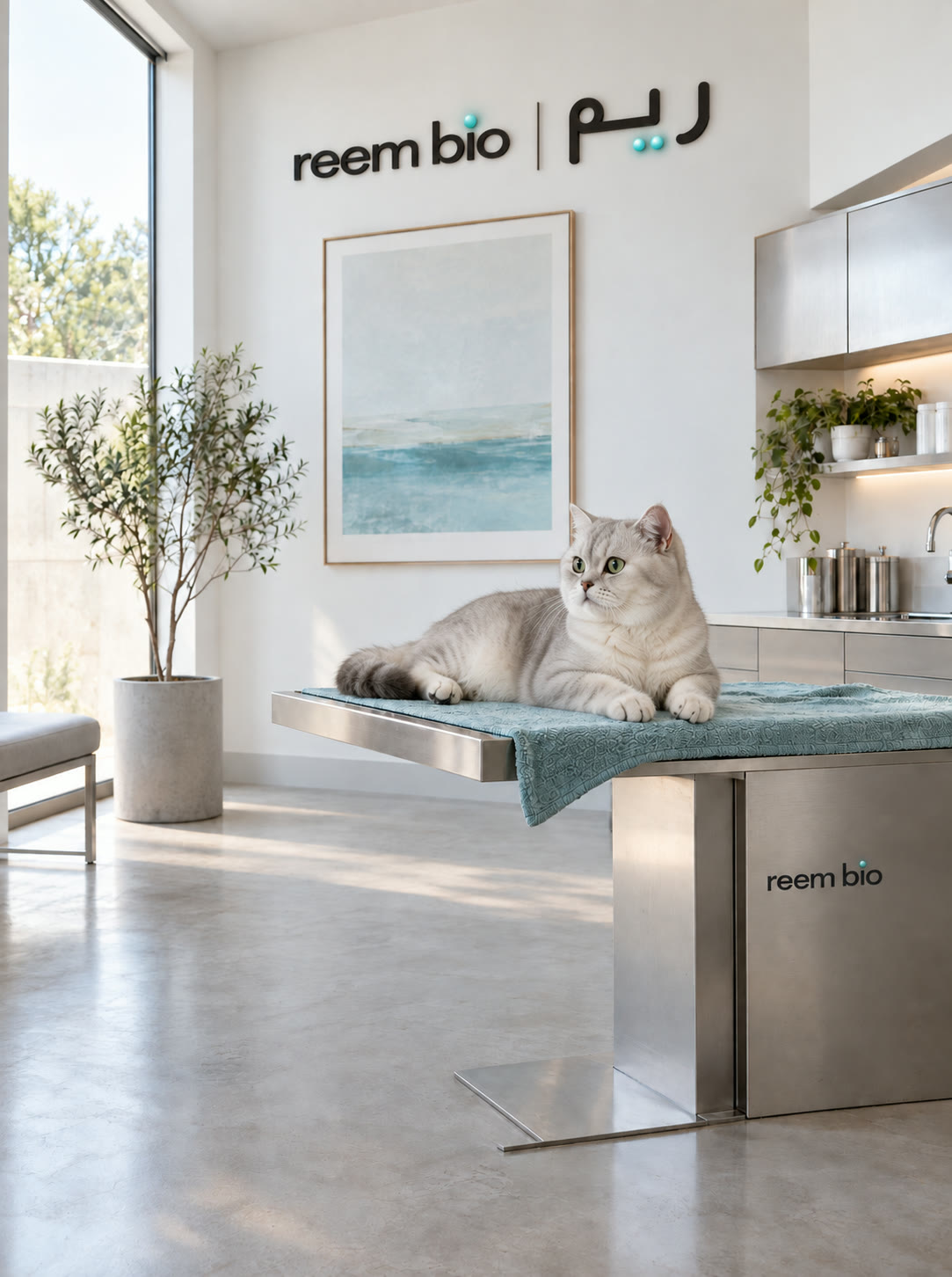 A silver tabby cat lying calmly on a blue blanket on a steel examination table in a bright clinic room.
