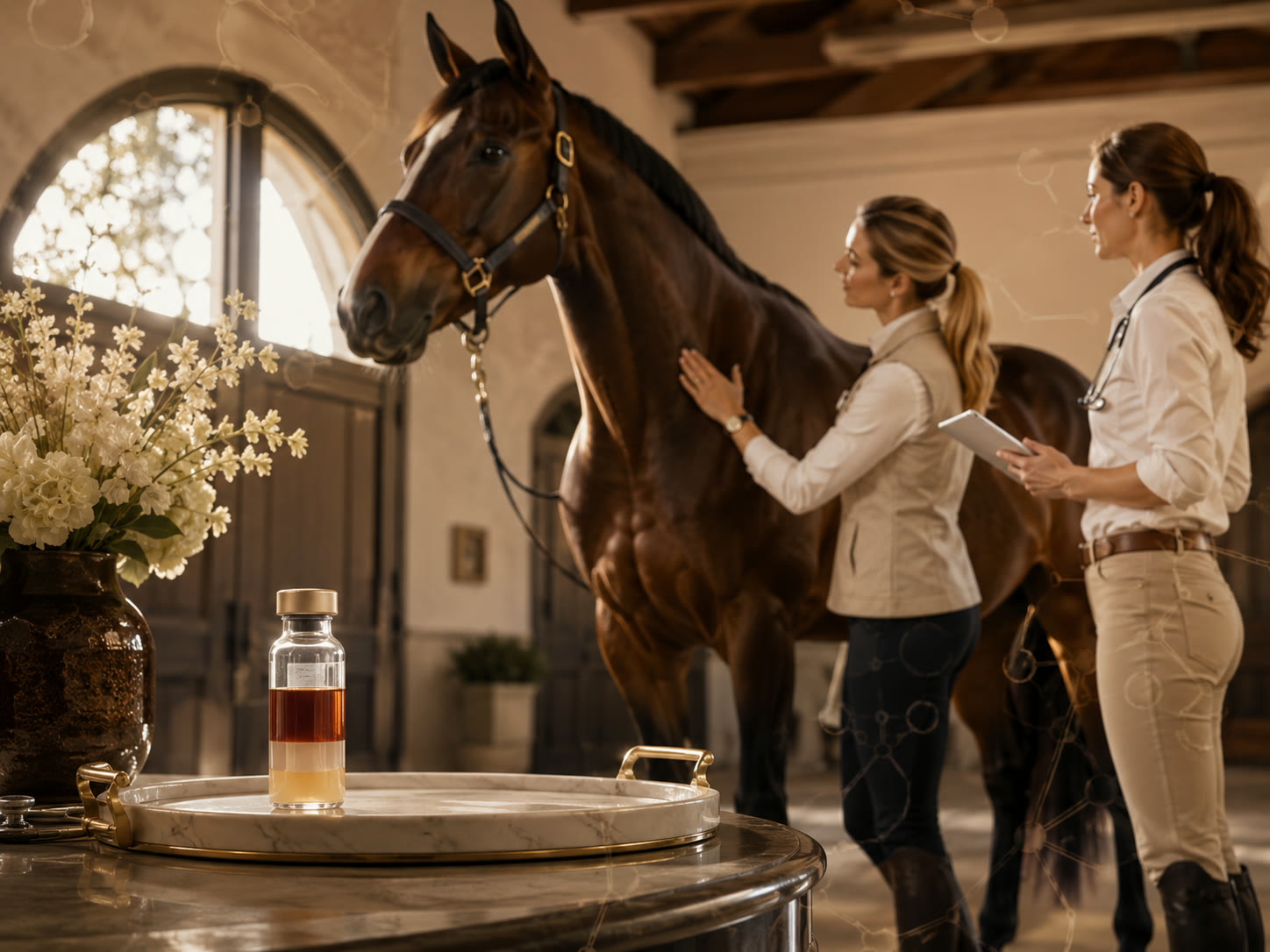A bay horse standing calmly in a stable while two veterinarians examine it.