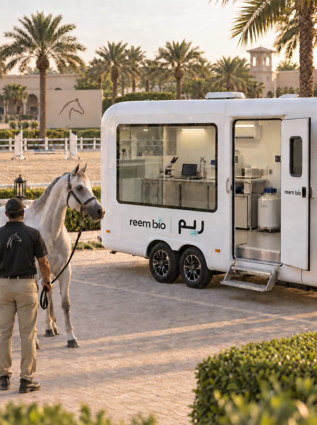 A grey horse led past Reem Bio's white mobile laboratory trailer at an equestrian yard lined with palms.